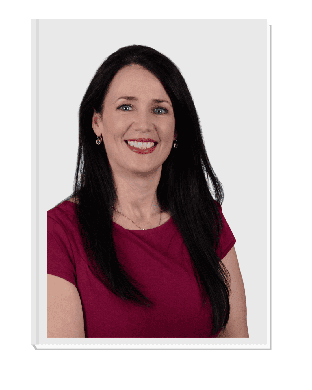 Happy woman with dark hair smiling in a pink top, Positive Vibes with Nicki Dennis podcast, vibrant floral background with pink butterflies, cheerful and motivational imagery, for mental wellness and positivity promotion.